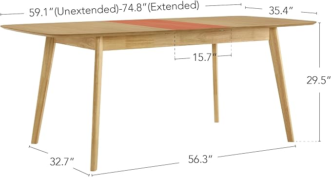 CHITA 59"-75" Extendable Dining Room Table for 4-6, Modern Wood Dining Table for Small Spaces, Kitchen, Space Saving Hidden Leaves, Solid Rubberwood Frame, Oak Venner