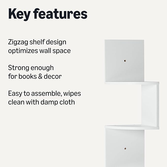 Amazon Basics 5-Tier Corner Shelf, Wall-Mounted, Set of 1, Floating Corner Bookshelf for Living Room, Bedroom, Bathroom, Home Office, 7.8"D x 48.5"W x 7.8"H (Inches), White