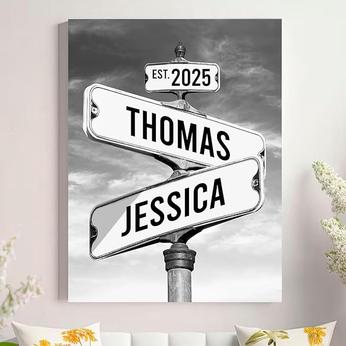 Personalized Canvas Vintage Street Sign For Couples, Crossroads Street Sign For Сouple, Custom Name And Date Poster, Christmas Gifts For Her/Him, Valentines Day Gift For Girlfriend/Boyfriend #1