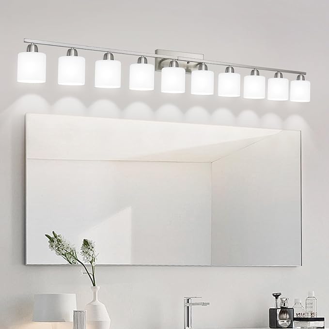Brushed Nickel Bathroom Vanity Light for Giant Mirror, 10 Light Brushed Nickel Vanity Lights, 65 inch Wall Lamps for Bedroom for Mirrors with Milky White Frosted Glass Shades, E26