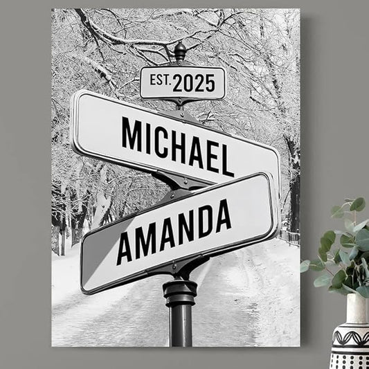 Personalized Canvas Vintage Street Sign For Couples, Crossroads Street Sign For Сouple, Custom Name And Date Poster, Christmas Gifts For Her/Him, Valentines Day Gift For Girlfriend/Boyfriend #19