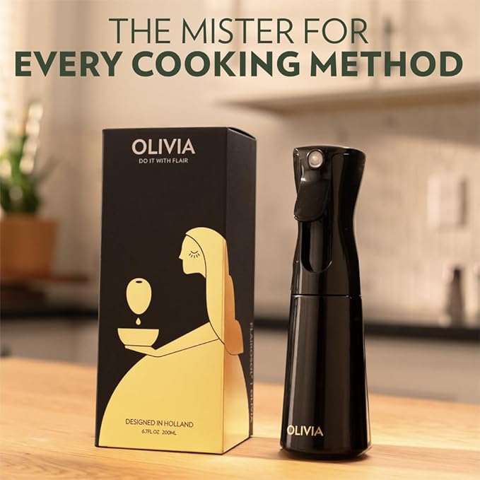 FLAIROSOL OLIVIA Oil Sprayer for Cooking, 200ml Glass Olive Oil Sprayer, Continuous Cooking Spray Dispenser with Portion Control for Kitchen, Air Fryer, Salad, BBQ (Black Bottle, Gold Print)