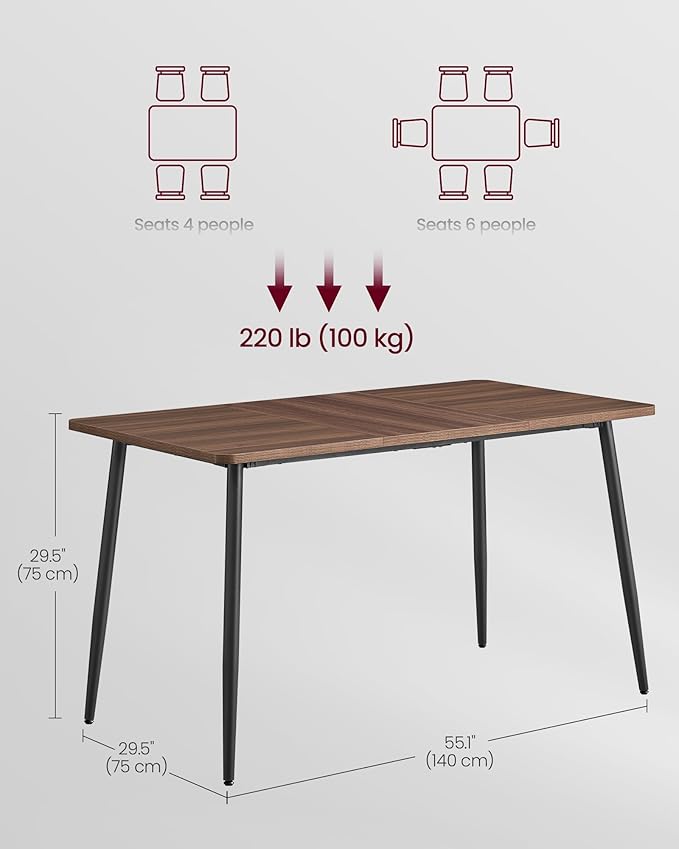 VASAGLE Dining Table for 4-6 People, Modern Farmhouse Dining Room Table, Quick Assembly, Heat-Resistant Tabletop, 55.1 x 29.5 x 29.5 Inches, for Kitchen, Natural Walnut and Ink Black UKDT100K02V2