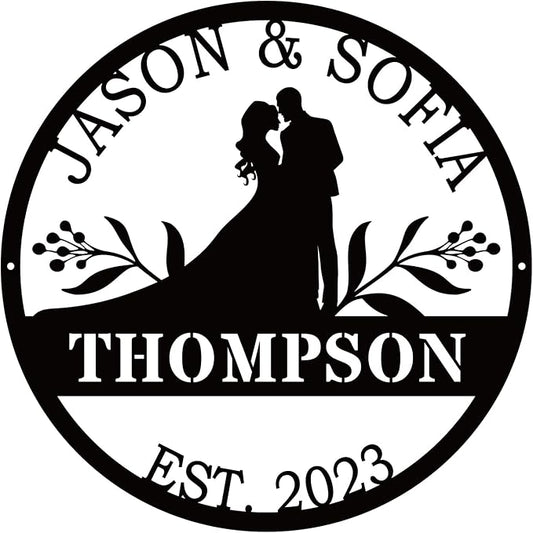 Wedding Couple Sign Metal, Personalized with Silhouette Names and Year, Rustic Iron Wall Art for Newlyweds, Wedding Anniversary Christmas Gift Idea