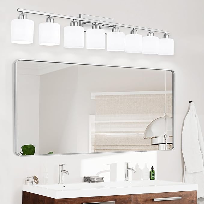 Brushed Nickel Light Fixture Bathroom for Huge Mirror, 8 Light Mirror Lights with Milky White Frosted Glass Shades, 51 inch Bathroom Mirror Lights for Mirrorss, E26 Socket