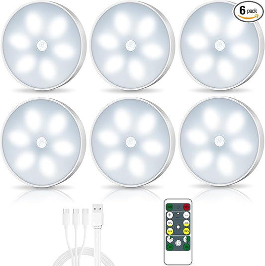 LED Closet Lights Motion Sensor Puck Light, Rechargeable Step Puck Lights,Dimmable Under Cabinet Indoor Lighting Magnet Stick-on Light for Counter Kitchen Wardrobe(6 Pack)