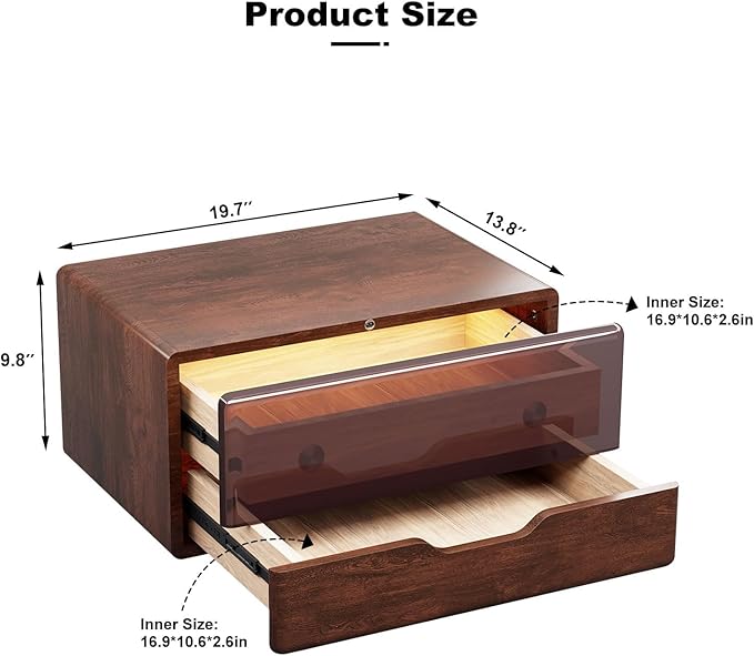 Solid Wood Floating Nightstand Smart Bedside Table, LED Nightstand, Wall Mounted Sensor NightStand with Storage for Bedroom, Dorm Small Space, Dark Walnut