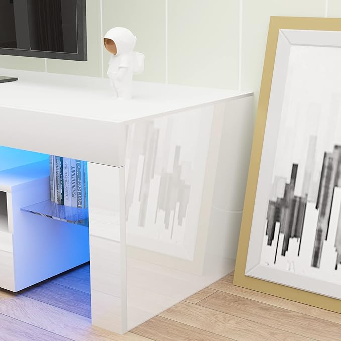 St.Mandyu LED TV Stand for 60/65/70 inch TV, High Glossy Modern Entertainment Center with Drawer and Led Lights, Television Table Center Media Console for Living Game Room Bedroom, White