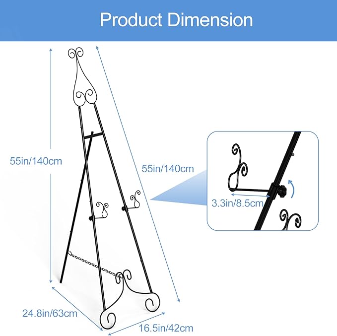 1 PC Easel Stand for Sign, Metal Poster Easel Holder, Adjustable Wedding Sign Stand with Chain Support for Display, Party Painting, Black.