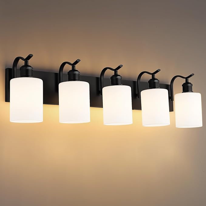 5 Light Bathroom Vanity Light, Morden Black Vanity Light Bathroom Lighting Fixtures Over Mirror Black Wall Sconces with Milky White Frosted Shade ZCVL01BKW-5