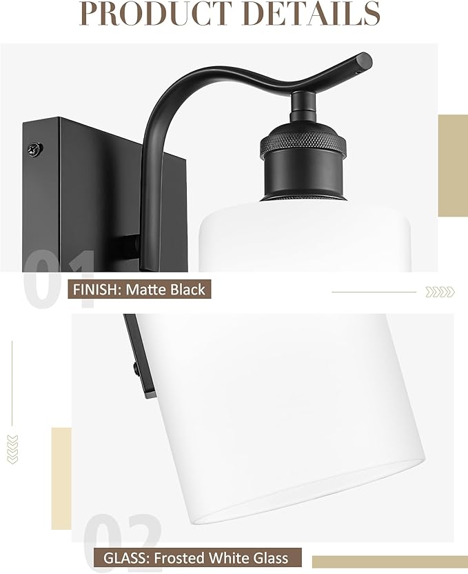 1-Light Bathroom Wall Sconce, Matte Black Modern Wall Light Fixture with Frosted Glass Shade RGB Bulb, RGB 12 Colors Modes Rechargeable Wall lamp for Bedroom Living Room, ZCVL01BK-1B