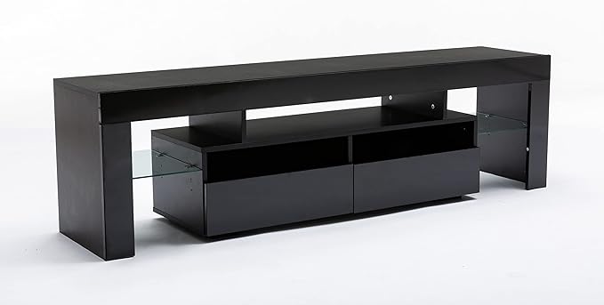TV Stand with 16 Color LED Lights, Media Console with Drawer and Glass Open Shelf for 60/65/70 inch TV, Modern Gloss Entertainment Center for Living Room, Black