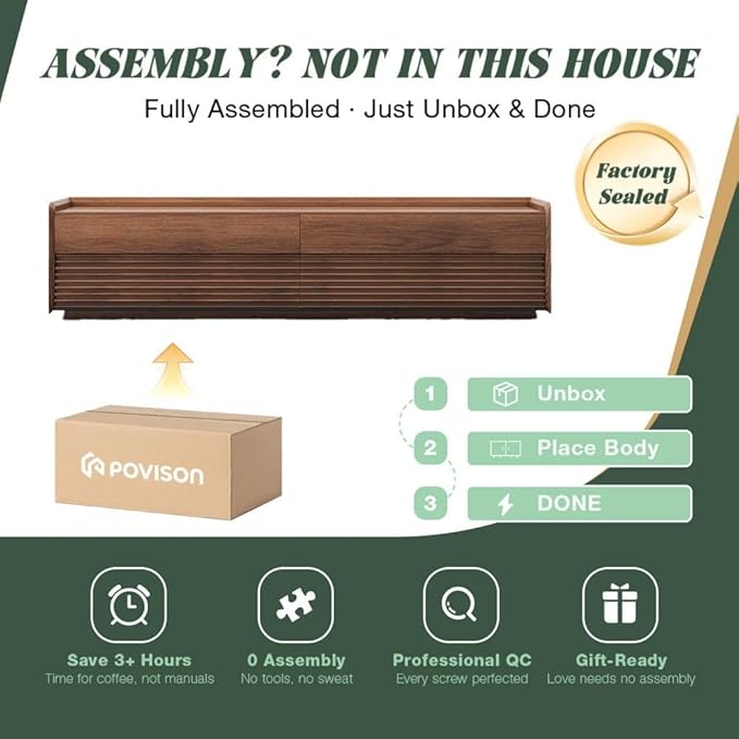 POVISON Fully-Assembled Mid Century Modern TV Stand, 118.11" Wood Media Console with Adjustable LED Light, Entertainment Center with Storage for Living Room