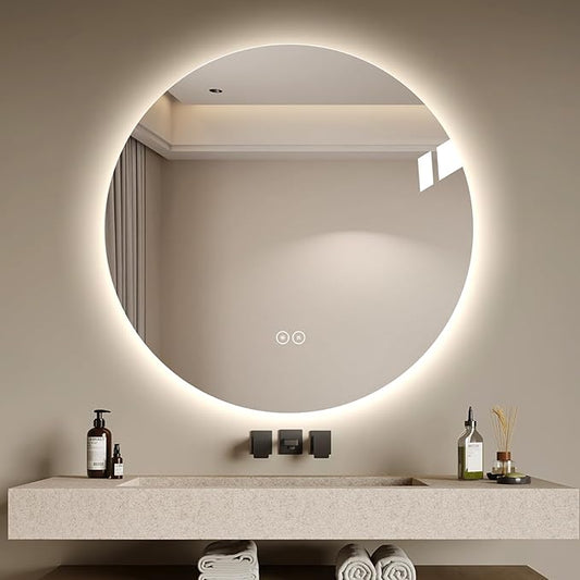 Round LED Bathroom Mirror with Light, Backlit Mirror for Bathroom, Frameless LED Smart Vanity Mirror with 3 Color Lights, Anti-Fog, Smart Touch Button, Shatter-Proof, IP65, 90+ CRI (24" L x 24" W)