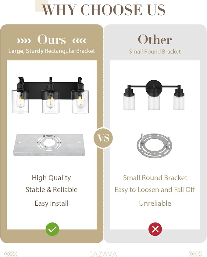 3-Light Black Bathroom Light Fixture Over Mirror, Modern Vanity Light, Clear Glass Wall Sconce, VL01BK-3