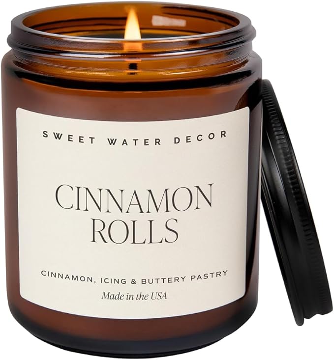 Sweet Water Decor Cinnamon Roll Candle - Fall Candle with Cinnamon, Icing & Buttery Pastry for Home - Soy Candles with 40 Hours Burn Time - 9Oz Black Lid Amber Jar Holiday Scents