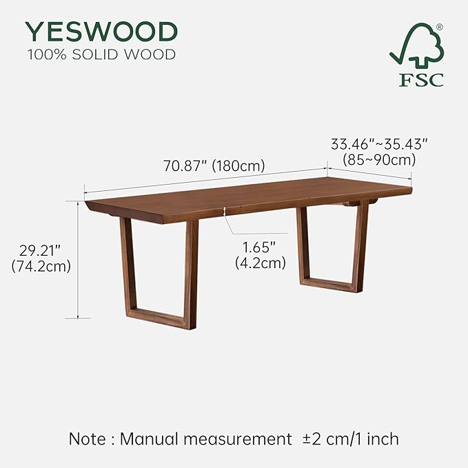 YESWOOD 71’’ Live Edge Dining Table for 6-8, Black Walnut Farmhouse Kitchen Table with Solid Wood Top and Legs, Large Modern Wood Dinner Table for Dining Room, Living Room, Office, Walnut
