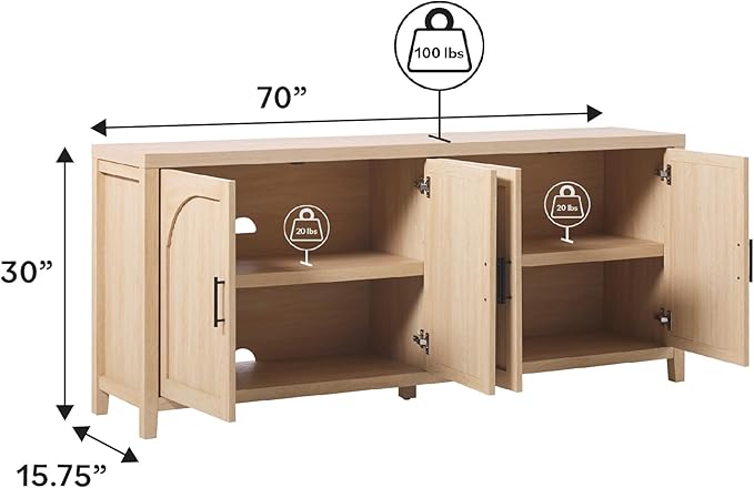 Walker Edison Sasha 4-Door Reeded Sideboard Buffet with Cord Management, 70 Inch, Coastal Oak