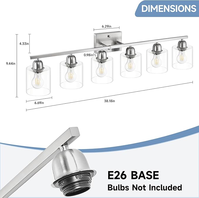 Modern Brushed Nickel 6 Light Bathroom Light Fixtures,38 inch Vanity Lights for Bathroom with Clear Glass, Vanity Light for Mirror Kitchen Living Room Hallway Cabinet Porch