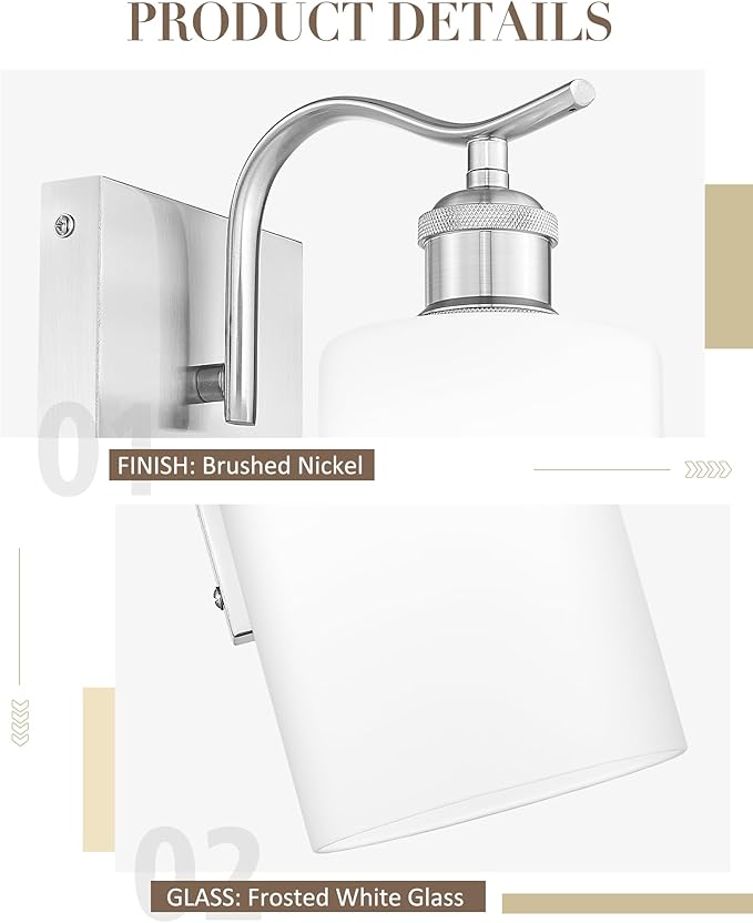 Modern Battery Operated Wall Sconce with Frosted White Glass Lampshade RGB Bulb Wireless Rechargeable Wall Light with Remote Control for Bedside Bedroom, Set of 2, Brushed Nickel ZCVL01BN-1B-2P