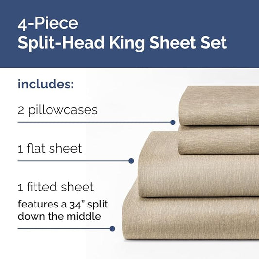 Split Head King Sheet Set – 4 Piece Flex Split Top King Sheets for Adjustable Beds - Fits 14” to 16" Mattress w/ Deep Pockets - Breathable & Cooling - Luxury Bedding and Wrinkle Free - Heathered Beige