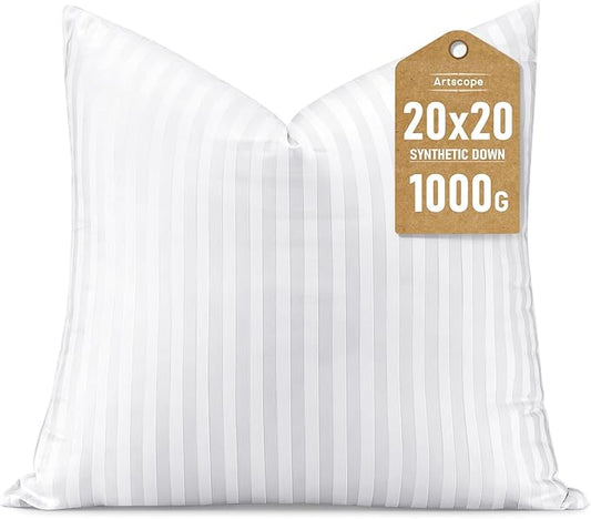 Artscope Synthetic Down Pillow Insert, 20x20 Down Alternative Throw Pillow Insert. Ultra Soft Fluffy Sleeping Pillow with 100% Cotton Cover, Decorative Pillows-Striped