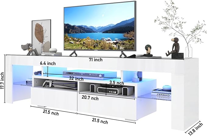 TV Stand with 16 Color LED Lights, Media Console with Drawer and Glass Open Shelf for 65/75/85 inch TV, Modern Gloss Entertainment Center for Living Room Bedroom, White