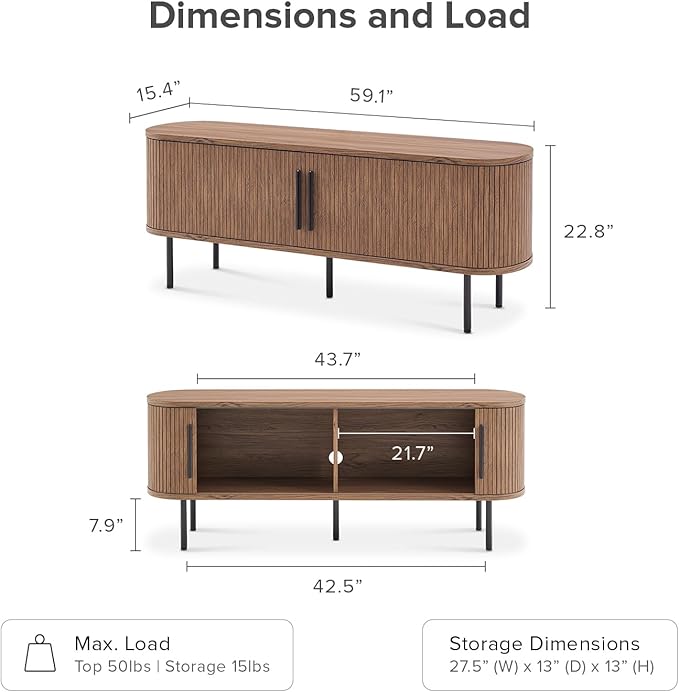 mopio Quin 59" Tambour TV Stand, Mid-Century Modern Television Stand for 55/60/65 inch TV, Fluted Entertainment Center with Bigger Storage, Wood Media Console Credenza Cabinet for Living Room (Walnut)