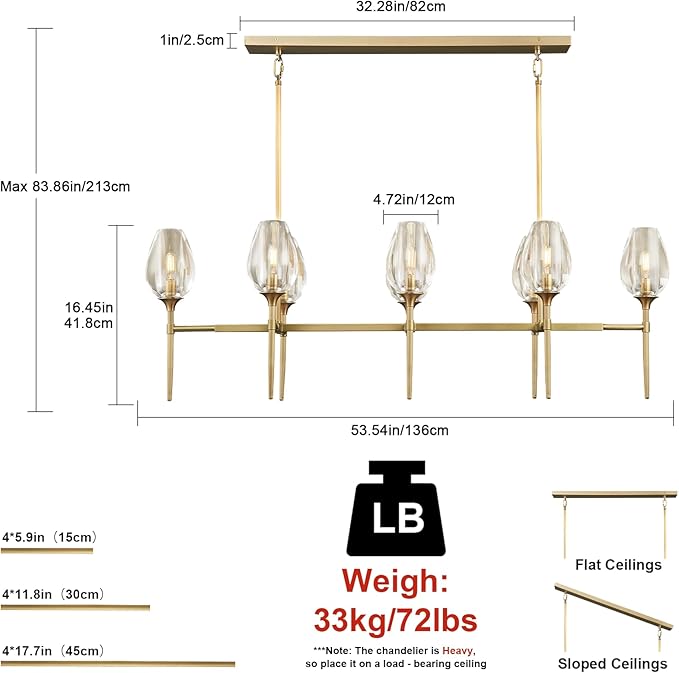 Crystal Chandelier, 52in Gold Tulip Rectangle K9 Crystal Chandelier, 8 Lights Brass Pendant Ceiling Light for Dining Living Room Bedroom Entryway, E12 Bulbs Included
