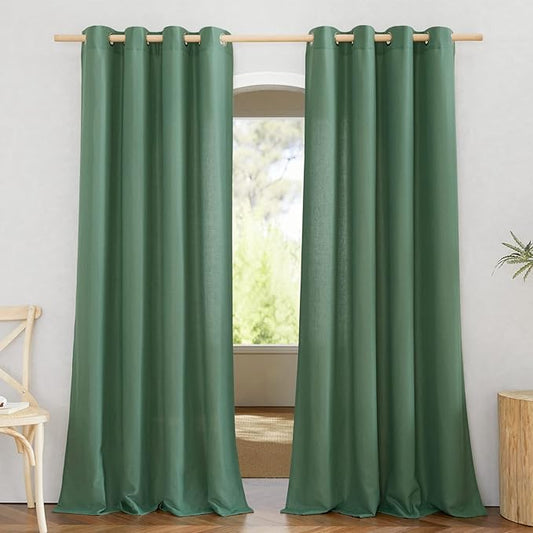 NICETOWN Linen Flax Semi Sheer Curtains 94" Length, Grommet Window Treatments Privacy Added with Light Penetration Vertical Drapes for Loft/Home Office, Olive Green, W55 x L94, 2 Panels