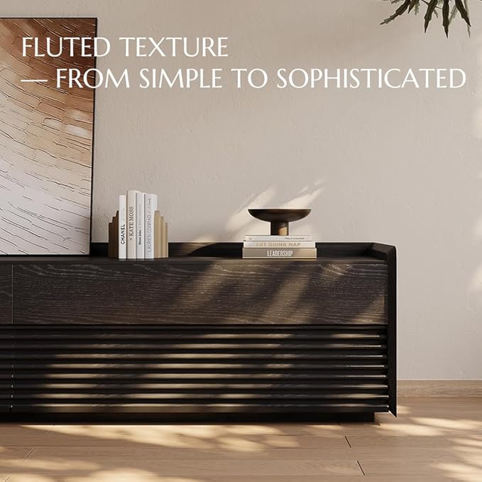 POVISON Fully-Assembled Mid Century Modern TV Stand, 94.49" Wood Media Console with Adjustable LED Light, Entertainment Center with Storage for Living Room