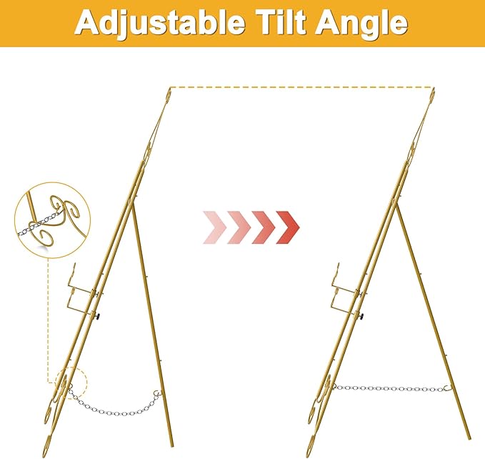 1 PC Easel Stand for Sign, Metal Poster Easel Holder, Adjustable Wedding Sign Stand with Chain Support for Display, Party Painting, Gold.