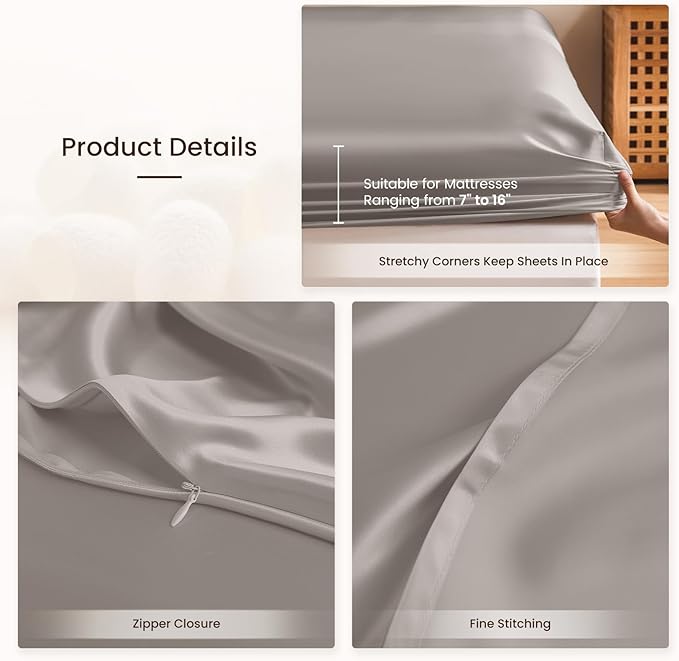 THXSILK Silk Sheet Set 4Pcs, 6A+ Grade 100% Mulberry Silk Bed Sheets Ultra Soft Durable Luxury Bedding Sets Environmentally Friendly, 1 Fitted Sheet, 1 Flat Sheet and 2 Pillowcases (Twin, Grey)