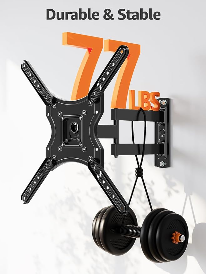 ELIVED Full Motion TV Wall Mount for Most 26-60 Inch TVs, Articulating Arms Swivel and Tilt tv Mount, Wall Mount Brackets Max VESA 400x400, Single Stud Perfect Center Design, Holds Up to 77 lbs.