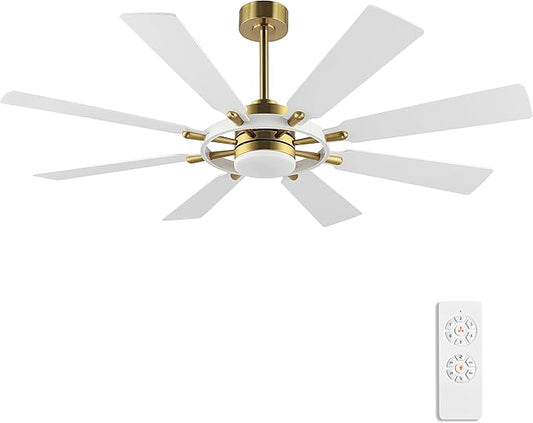 ELEHINSER 80 Inch Ceiling Fan with Lights and 3 Downrods, 8 Plywood Blades, 6-Speed Noiseless Reversible DC Motor, 3CCT, Windmill Ceiling fan for Kitchen Bedroom Living Room, Brass and White