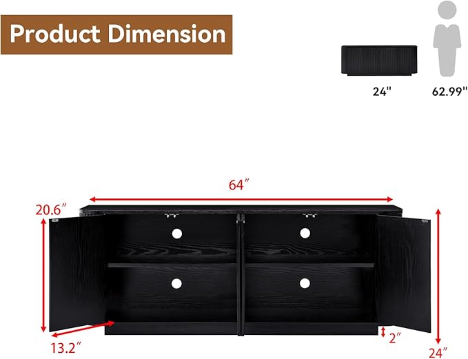 64" Buffet Sideboard Cabinet with Storage, Modern Fluted Accent Credenza with Adjustable Shelves, Wood Coffee Bar Console Table for Living Room Kitchen Dining Room Hallway, Black