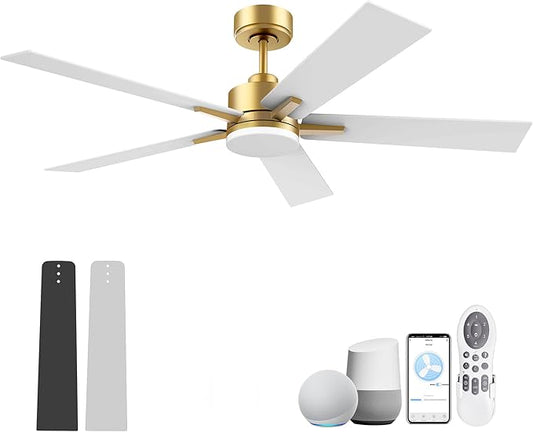 52" Smart Ceiling Fan with LED Lights Remote,Quite DC Motor,Voice Control via Alexa Google WIFI Phone,Outdoor Indoor Modern Ceiling Fans,Dimmable,for Bedroom Patio Porch,Gold and White Black