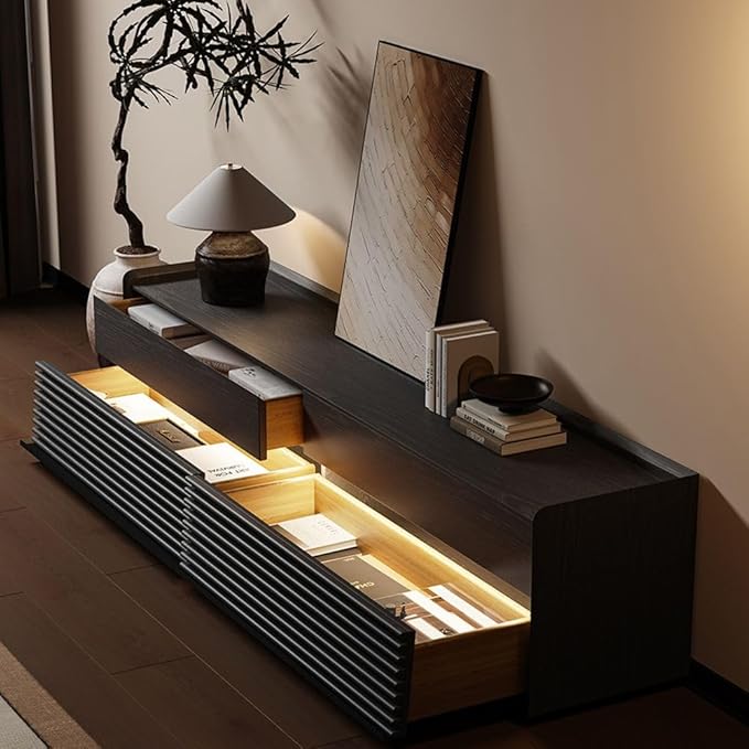 POVISON Fully-Assembled Mid Century TV Stand with Adjustable LED Lights, Wood Media Console with 4 Drawers for 75-inch TVs, Modern Entertainment Center with Storage for Living Room