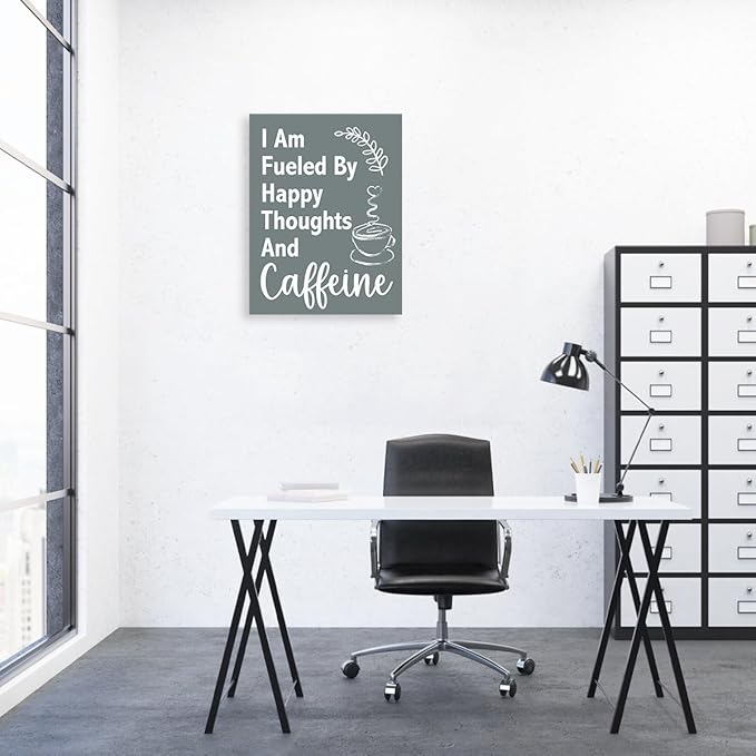 Funny Wall Art For Office,I Am Fueled By Happy Thoughts And Caffeine Canvas Paintings Framed For Home Office Workplace Wall Art Decor