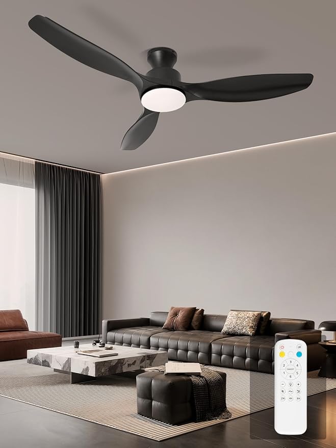 52" Ceiling Fan with Light and Remote, Flush Mount Ceiling Fan with 3 Blades, Low Profile Fan, 3 Color Dimmable Lights, 6 Speed, Queit DC Motor, Black Fan for Bedroom/Indoor/Outdoor/Living Room