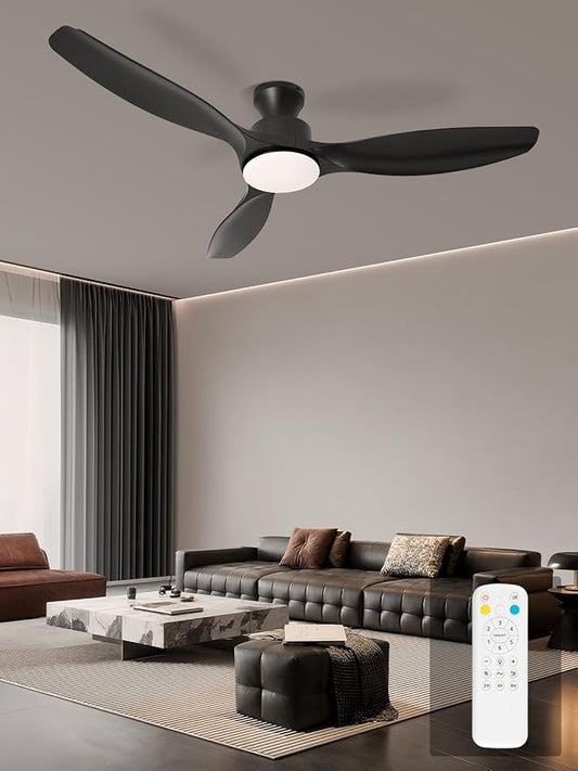 52" Ceiling Fan with Light and Remote, Flush Mount Ceiling Fan with 3 Blades, Low Profile Fan, 3 Color Dimmable Lights, 6 Speed, Queit DC Motor, Black Fan for Bedroom/Indoor/Outdoor/Living Room