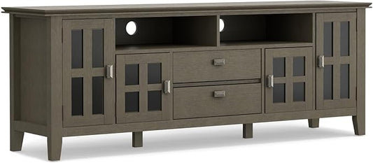 SIMPLIHOME Artisan SOLID WOOD 72 inch Wide Contemporary TV Media Stand in Farmhouse Grey For TVs up to 80 inches for the Living Room and Entertainment Center