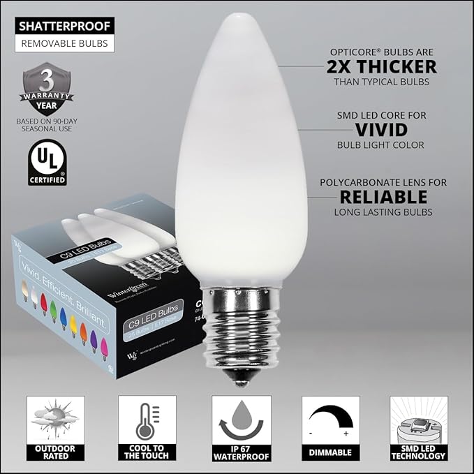 Wintergreen Lighting 25 OptiCore LED C9 Cool White Pathway Christmas Lights, Heavy Duty Vintage Style Bulbs for Driveway, Walkway Marker, 5" Commercial PathPRO Stakes, 18 Gauge Green Wire, 25'