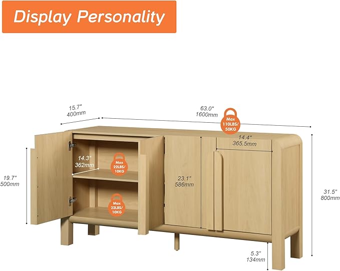 WAMPAT 63" Wide Large Buffet Sideboard Cabinet with Storages, Modern Buffet Table Coffee Bar Wine Bar Storage Curved Cabinet with 4 Doors for Dining Room, Living Room, Kitchen,Oak