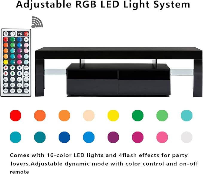 St.Mandyu LED TV Stand for 60/65/70 inch TV, High Glossy Modern Entertainment Center with Drawer and Led Lights, Television Table Center Media Console for Living Game Room Bedroom, Black