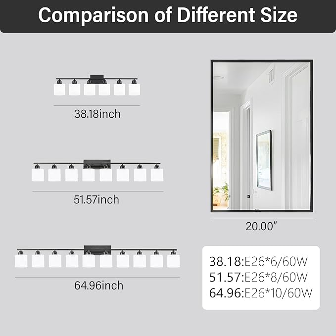 10 Light Black Vanity Lights for Giant Mirror, Bathroom Vanity Lights Over Mirror with Milky White Frosted Glass Shades,65 inch Bathroom Light Fixture for Mirrors, E26