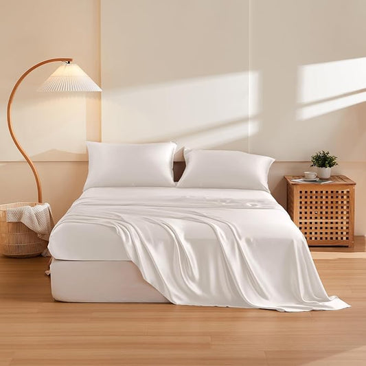 THXSILK Silk Sheet Set 4Pcs, 6A+ Top Grade 100% Pure Mulberry Silk Bed Sheets Ultra Soft Durable Luxury Bedding Sets, 1 Fitted Sheet, 1 Flat Sheet and 2 Pillowcases (Twin, Pearl White)