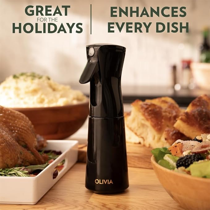 FLAIROSOL OLIVIA Oil Sprayer for Cooking, 200ml Glass Olive Oil Sprayer, Continuous Cooking Spray Dispenser with Portion Control for Kitchen, Air Fryer, Salad, BBQ (Black Bottle, Gold Print)