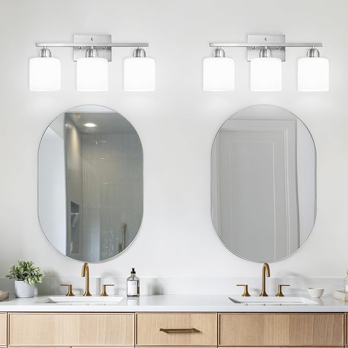 Brushed Nickel Bathroom Light Fixture, 3 Light Vanity Lights for Bathroom, Bath Lights with Milky White Frosted Glass Shades, E26 Socket
