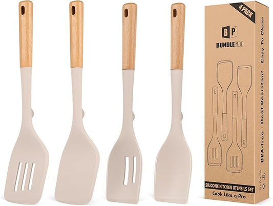 Pack of 4 Silicone Kitchen Utensils Set, Non Stick Solid Spatulas and Heat Resistant Slotted Spoons with Wooden Handle, Ideal BPA Free Cooking Utensils for Mixing,Serving,Turning,Stirring(KHAKI)